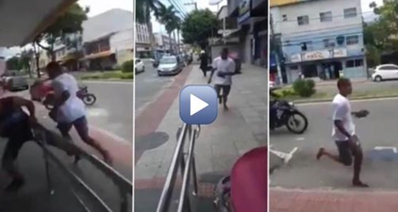 Policial não consegue pegar ladrão correndo mas pedestre coloca o pé pra ele cair – VÍDEO