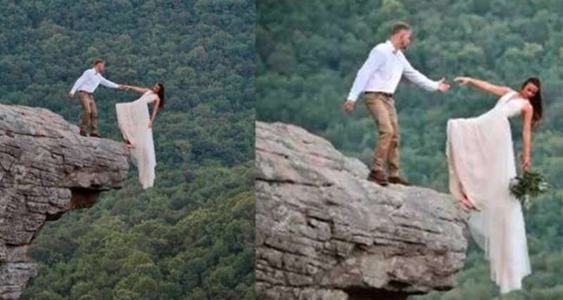 Noivos se arriscaram na beira do penhasco para tirar a foto perfeita; mas soltaram as mãos e termin…Ver mais